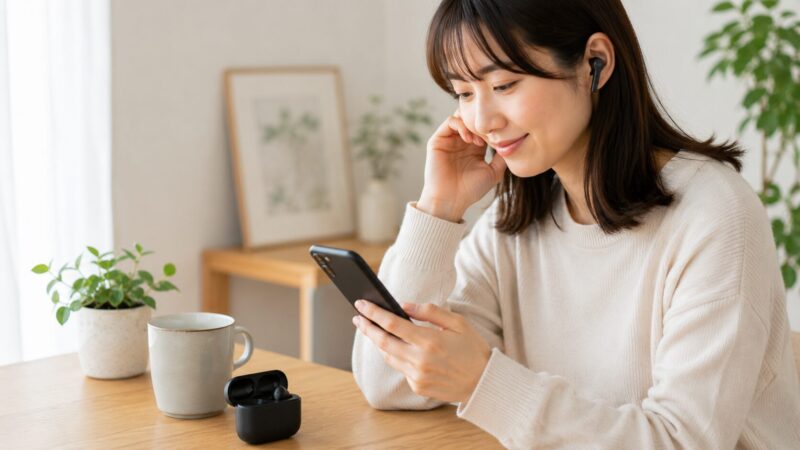 AirPodsの代替として信頼できるワイヤレスイヤホンを使う女性