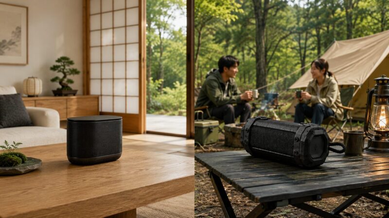 静かな室内向けと屋外向けのスピーカー用途を比較するイメージ
