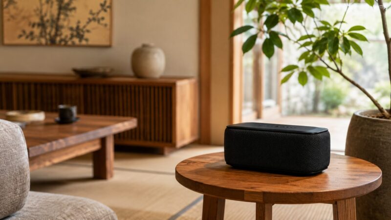 落ち着いた室内で使いやすい上品なポータブルスピーカーのイメージ