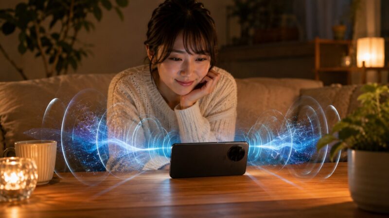 POCO F8 Proの迫力あるステレオスピーカー音質を楽しむ日本人ユーザーのイメージ画像