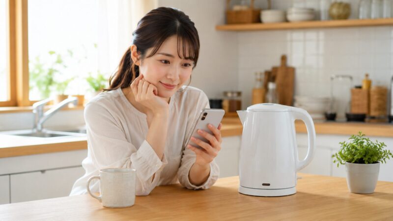 白い電気ケトルの横で口コミを確認する日本人女性のキッチン風景。