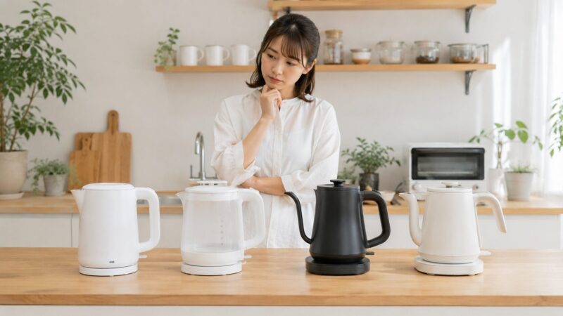 複数の電気ケトルを並べて比較検討する日本人女性の口コミ比較イメージ。