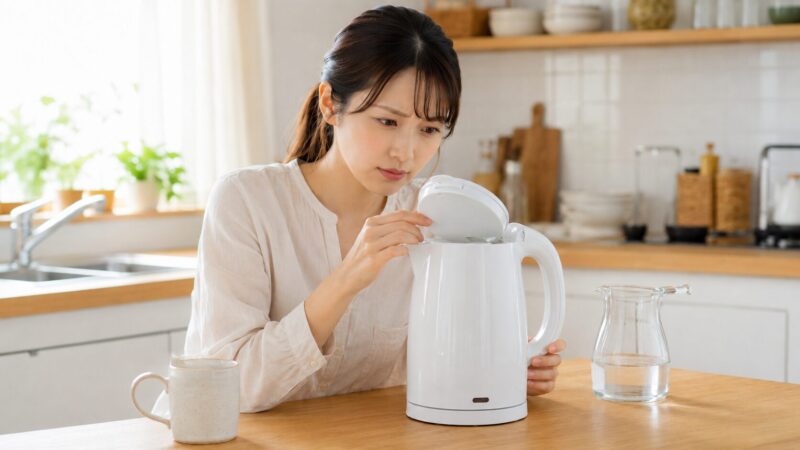 白い電気ケトルのフタを開けて確認する日本人女性。ET-103の注意点を示す画像。