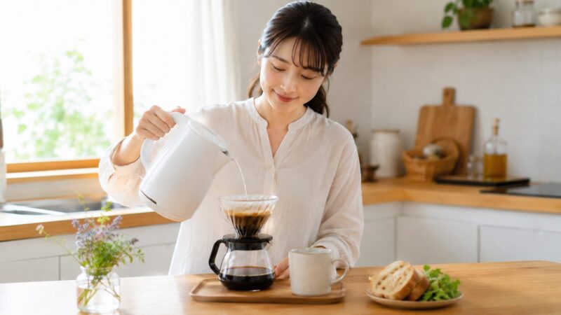 白い電気ケトルでコーヒーを淹れる日本人女性。ET-103の使いやすさを表す画像。