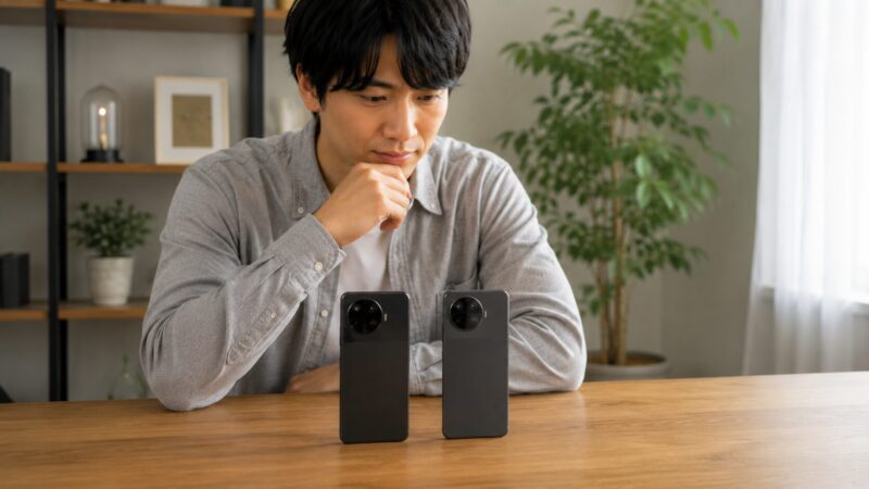 POCO F8 ProとF7 Proを机の上で比較する日本人ユーザーのイメージ画像