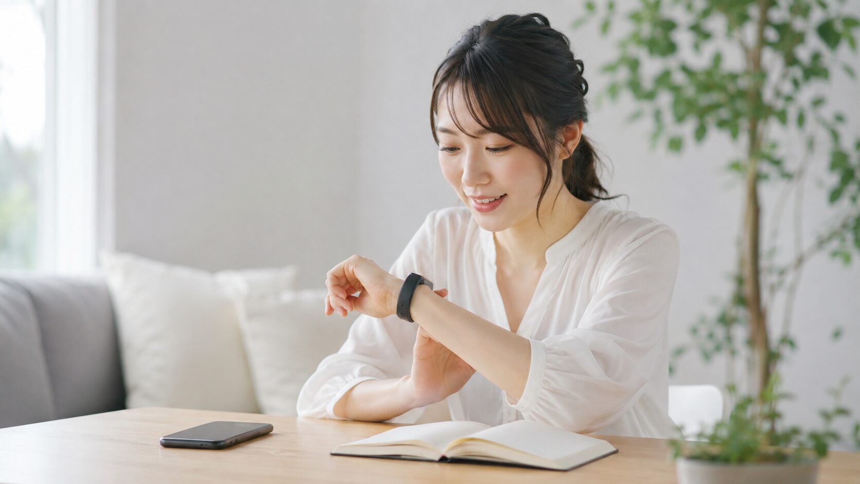 Fitbit Inspire 3を装着して使用感を確認する日本人女性
