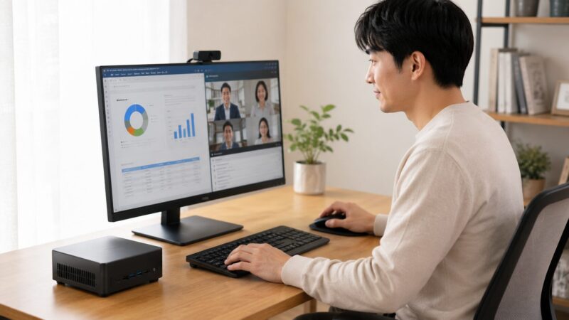 省スペースなデスクでミニPCを快適に使う在宅ワーク中の日本人ユーザー