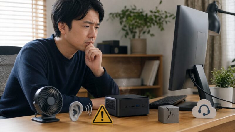 GEEKOMミニPCで不安視される発熱やファン音などの注意点を表すイメージ