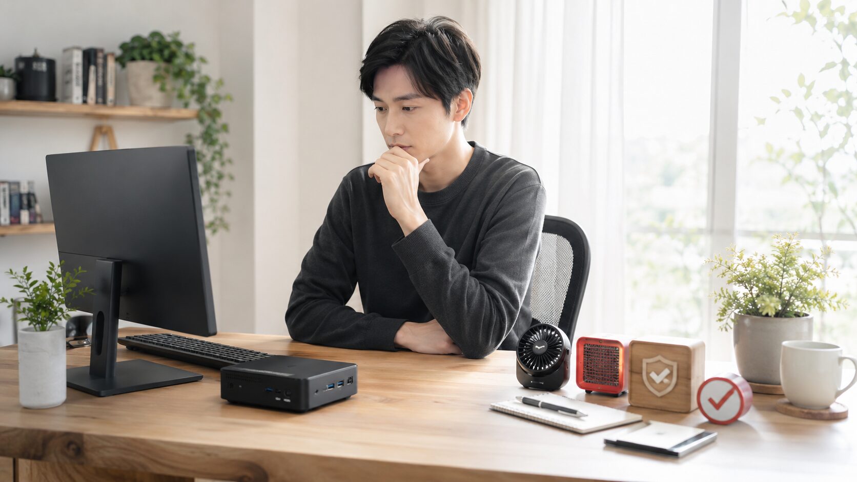 GEEKOMミニPCを購入前に慎重に比較検討する日本人ユーザーのデスク環境