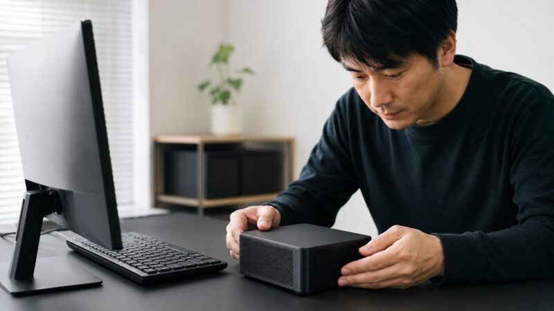 GMKtecミニPCの状態や信頼性を確認する日本人ユーザーのイメージ