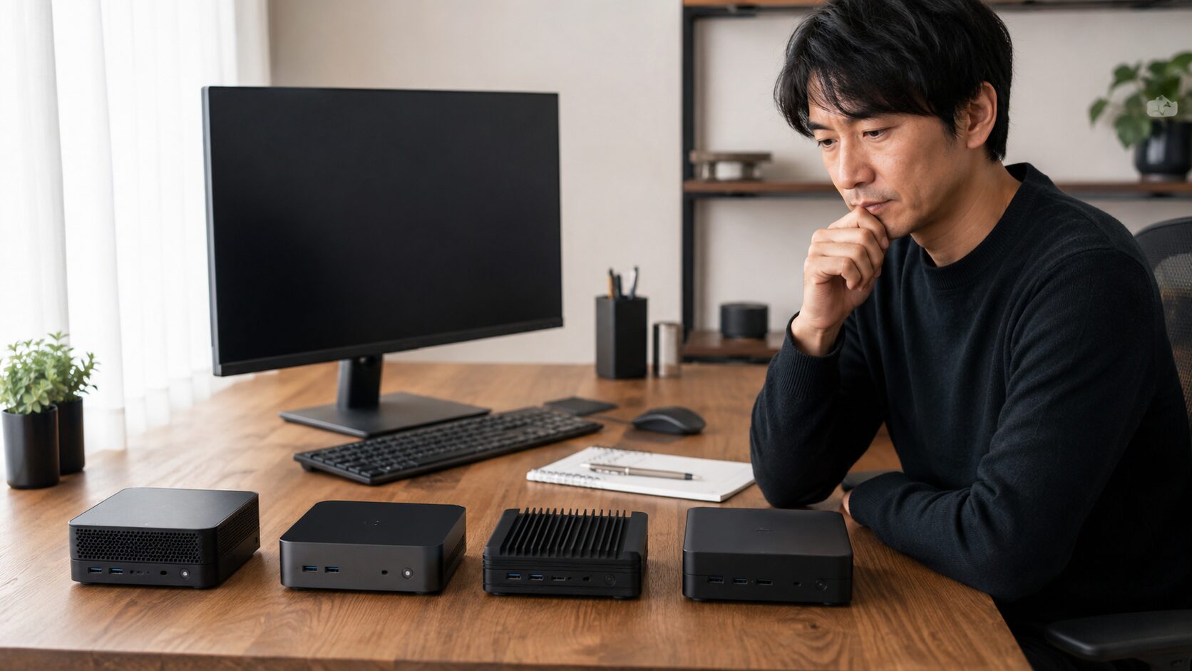 GMKtecミニPCを比較しながら購入判断する日本人ユーザーのイメージ