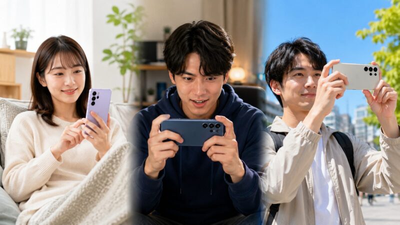 普段使い、ゲーム、写真撮影の用途別にGalaxyシリーズを選ぶイメージ