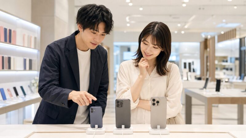 Galaxy S26シリーズの最適なモデルを店頭で比較する日本人男女