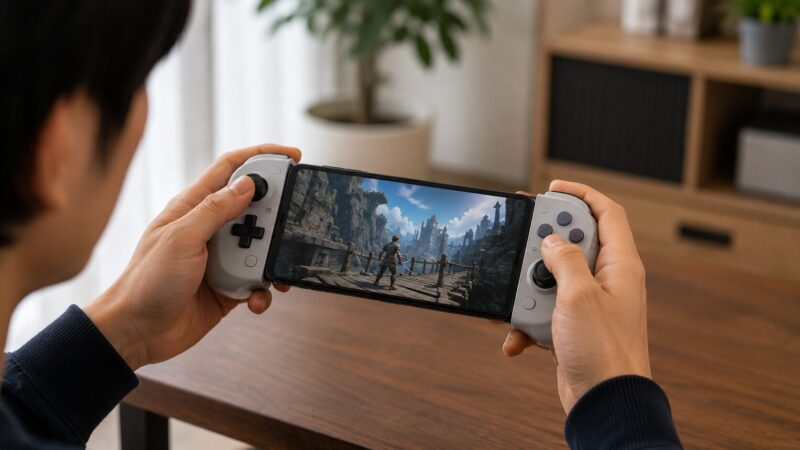 スマホ装着型コントローラーでPS1ゲームを快適に遊ぶ様子