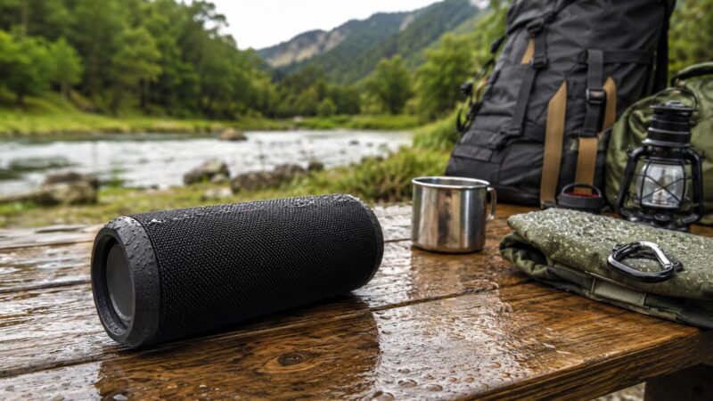 アウトドアで迫力ある音を楽しむ円筒型Bluetoothスピーカーのイメージ