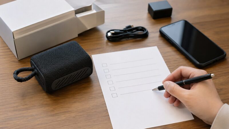小型Bluetoothスピーカー購入前に付属品や販売元を確認するチェック風景