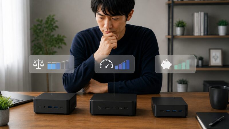 性能重視や価格重視など用途別にGMKtecミニPCを比較するイメージ
