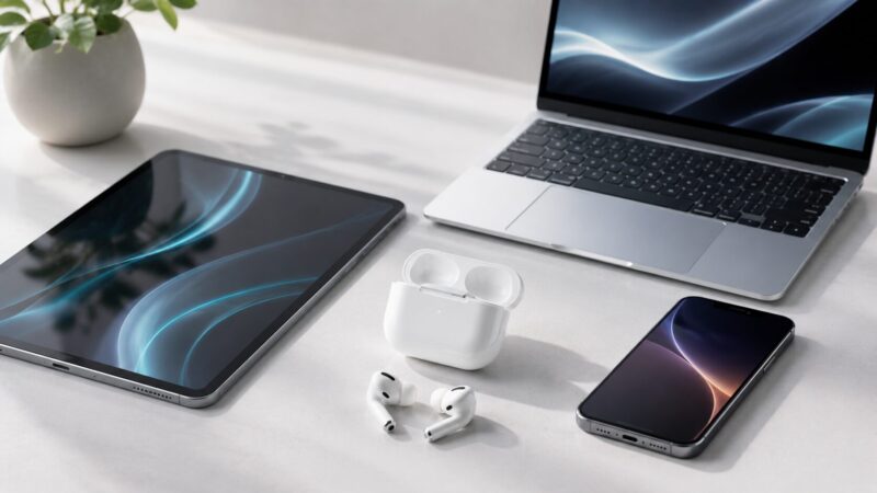ワイヤレスイヤホンと複数デバイスを並べたApple製品連携イメージ