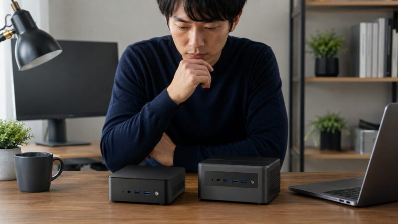 GMKtecとMINISFORUMのようなミニPCを比較検討するイメージ