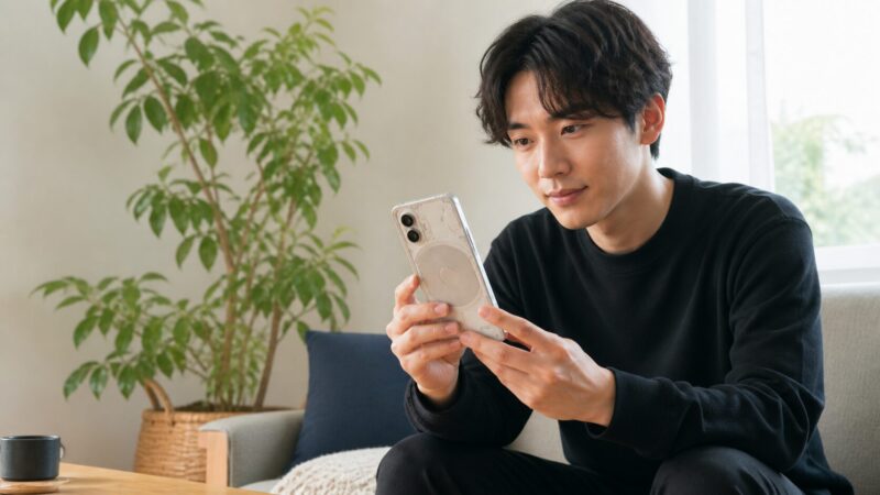 　日本人男性がNothing Phone 4a風スマートフォンを確認するレビュー風イメージ