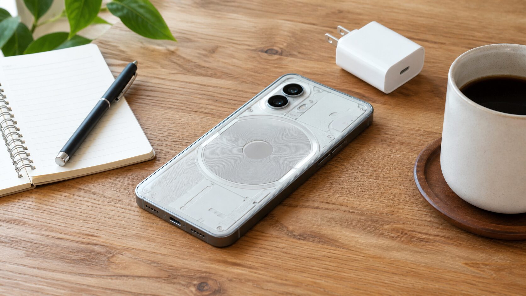 Nothing Phone 4a風スマートフォンをデスク上でレビューしているイメージ