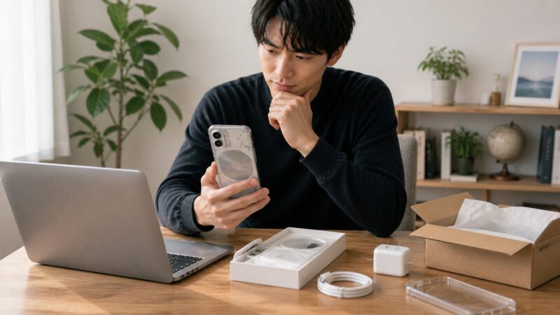 Nothing Phone 4a風スマートフォンの購入判断をする日本人男性のイメージ