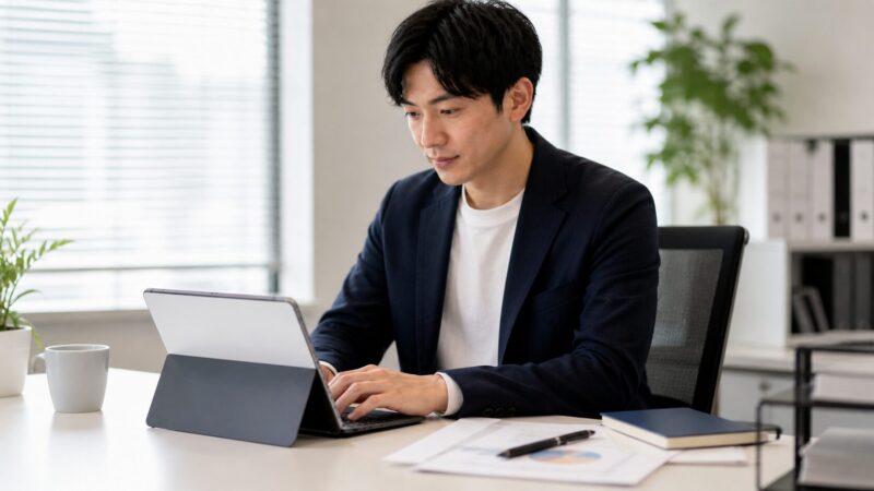 Office作業にSurface Pro 12インチ級タブレットとキーボードを使う日本人ビジネスパーソン