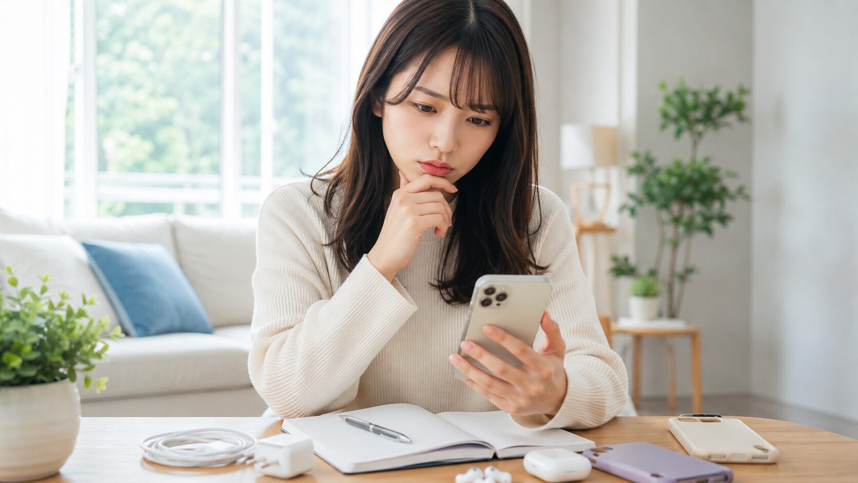 POCO M8 5Gの購入前に用途や注意点を確認する日本人女性
