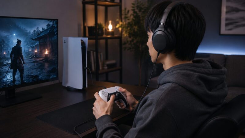 PS5のようなゲーム機で有線接続のヘッドホンを使う日本人男性