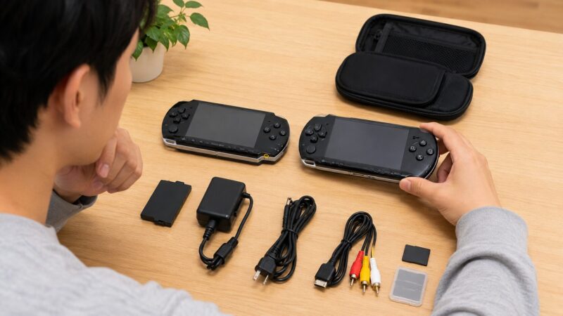PSP-2000とPSP-3000を付属品と一緒に比較して最適な中古本体を選ぶ様子