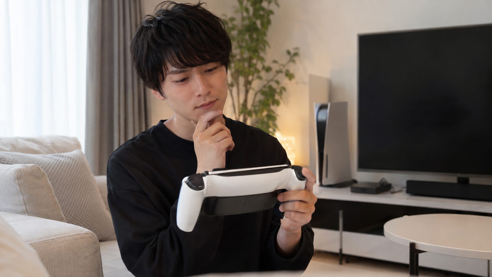 PSポータルの購入を検討する日本人男性とリビングのゲーム環境