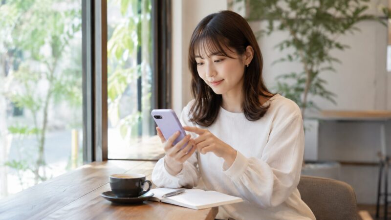 カフェでPixel 9aを日常的に使う日本人女性