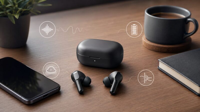 Pixel Buds Pro 2のレビュー要点をイメージしたイヤホンとスマートフォンの卓上