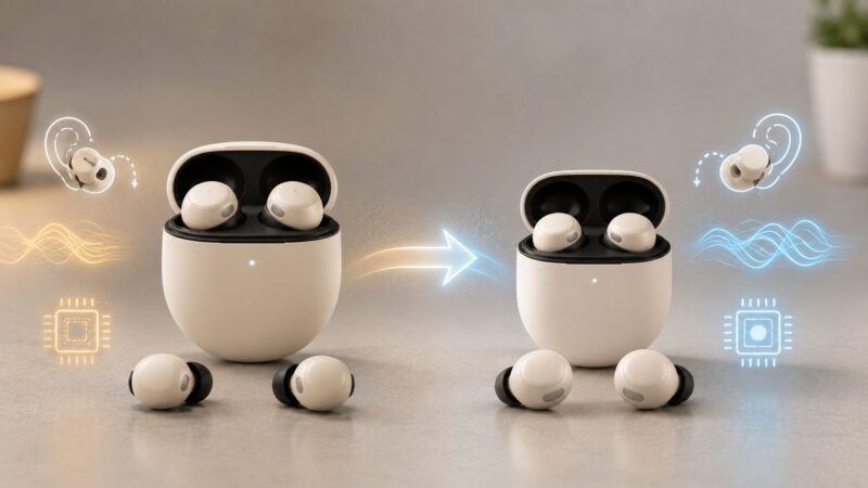 初代モデルと新型Pixel Buds Pro 2風イヤホンの違いを比較するイメージ