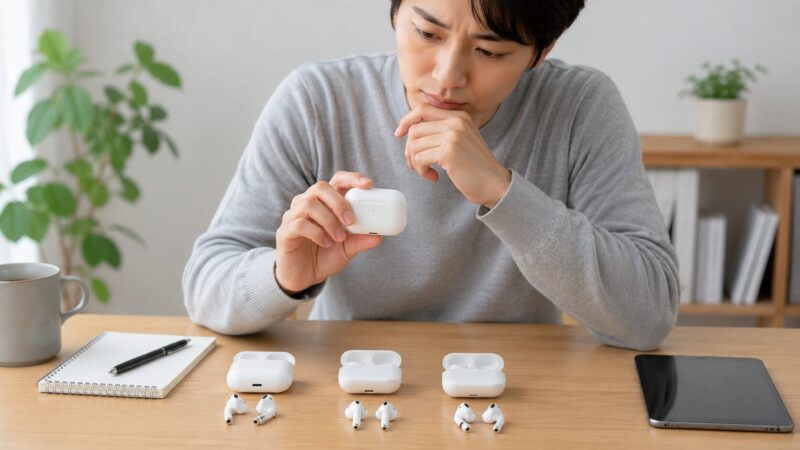 AirPods Proシリーズのケース形状や仕様を比較する男性