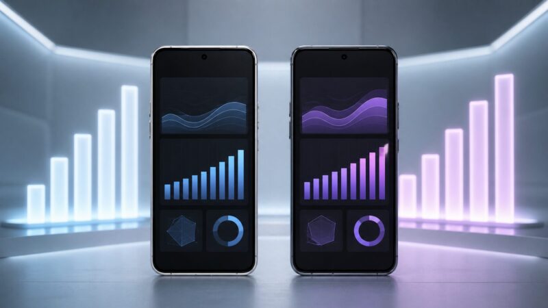 2台のスマートフォンの処理性能を抽象的なグラフで比較するイメージ