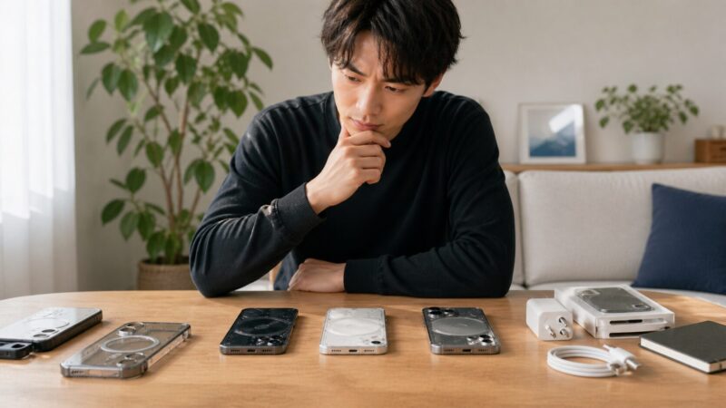 複数のスマートフォンから自分に合うモデルを選ぶ日本人男性のイメージ