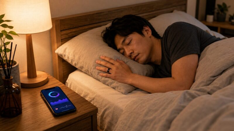 睡眠中にRingConn Gen 2を装着して健康データを記録する様子のイメージ