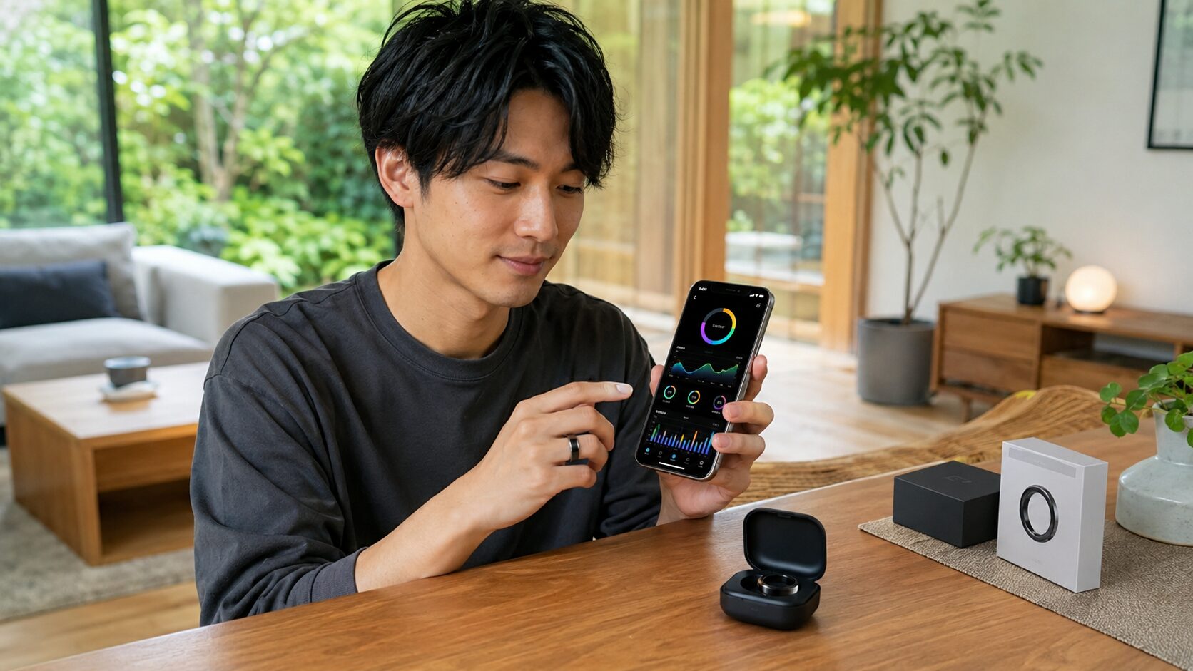 RingConn Gen 2を装着してスマホで健康データを確認する日本人ユーザーのレビュー向けイメージ
