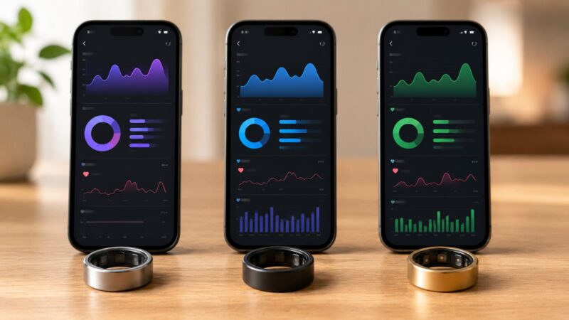 RingConn Gen 2と他社スマートリングを健康管理画面と並べて比較するイメージ