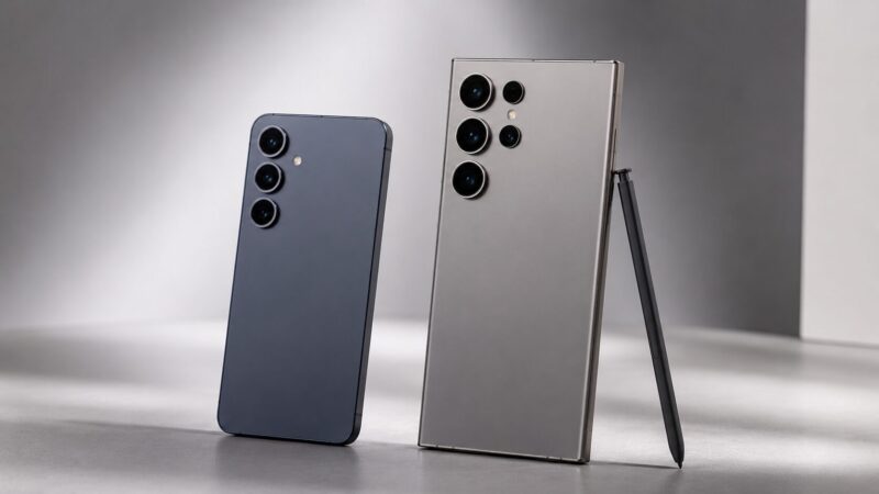 Galaxy S26通常モデルとS26 Ultraのサイズやカメラの違いを比較するイメージ