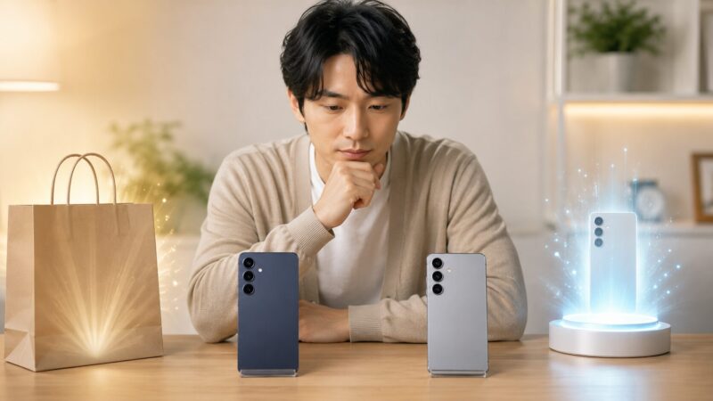 Galaxy S25を安く買うかS26を選ぶか考える購入者のイメージ