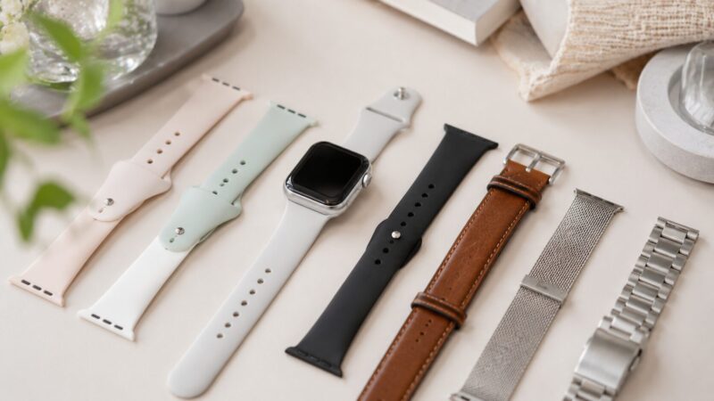 シルバーのアップルウォッチと多彩な交換バンドの組み合わせ