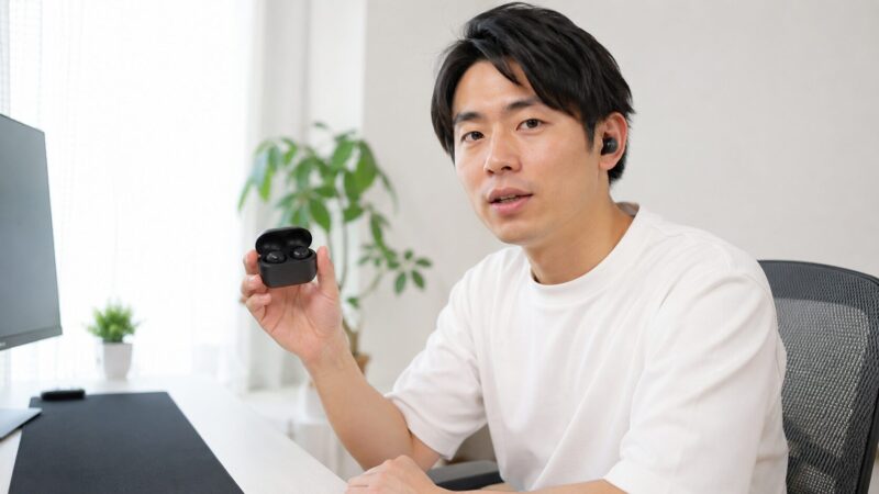 Soundcore P40iを装着してレビューする日本人男性と充電ケース