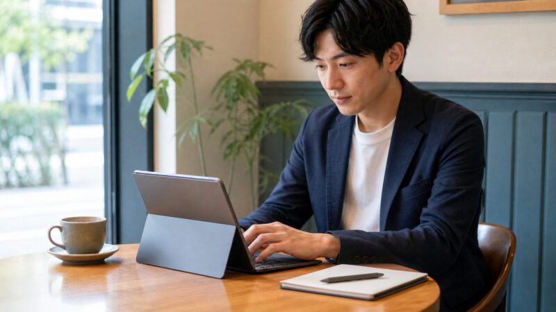 カフェでSurface Pro 12インチ級の軽量2in1タブレットを使う日本人ビジネスパーソン