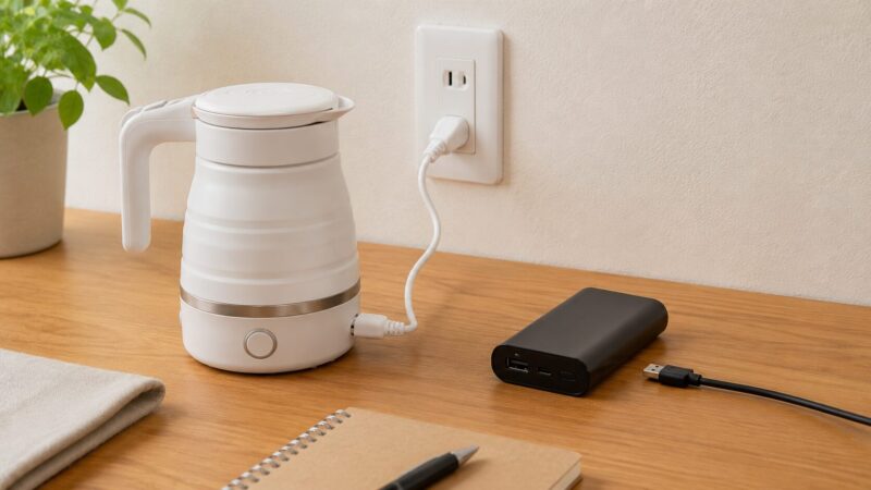 USBやモバイルバッテリーではなくAC電源を確認するポータブル電気ケトル