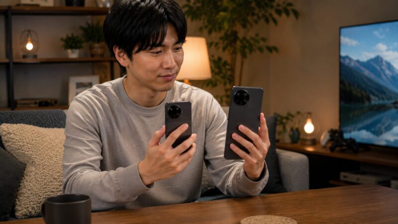 POCO F8 Proと上位Ultraモデルのサイズ感や使い勝手を比較する日本人ユーザーのイメージ画像