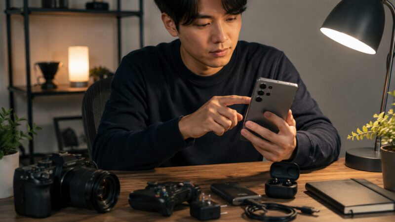 Galaxy S26 Ultraのカメラや使いやすさをレビューする日本人男性
