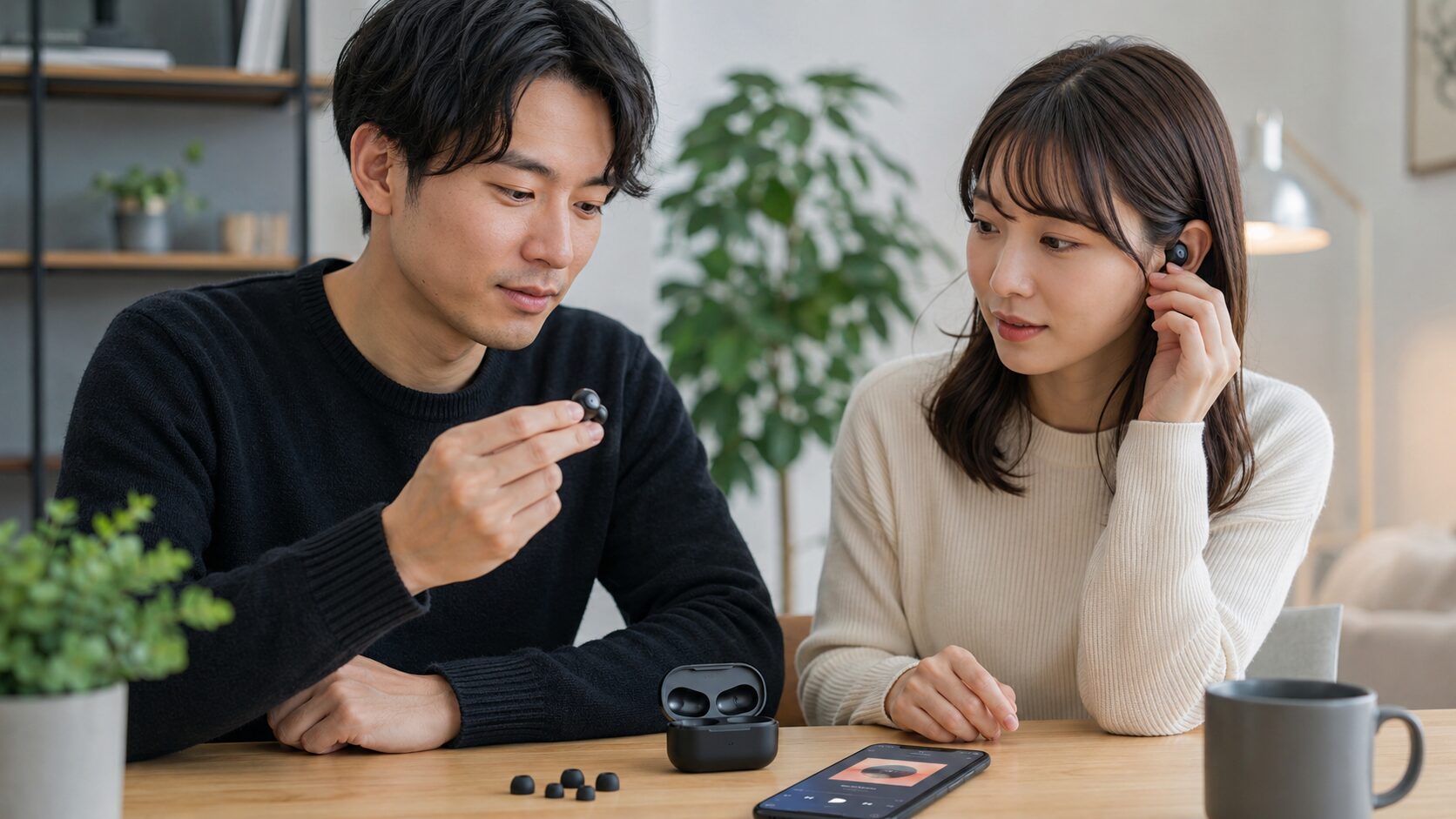 WF-1000XM5の音質改善を確認する日本人ユーザーとワイヤレスイヤホン