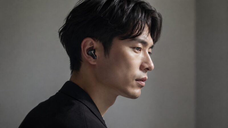 黒い完全ワイヤレスイヤホンの耳元の見え方を確認する日本人男性の横顔